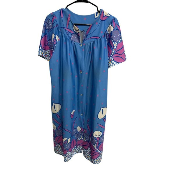 Vintage Granada Blue Floral House Dress Medium Short Sleeve Snap Front - Picture 1 of 11